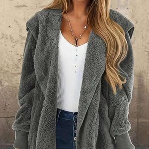 SHEIN LUNE Ladies' Solid Color Plush Hooded Cardigan With Front Zipper XL (12)